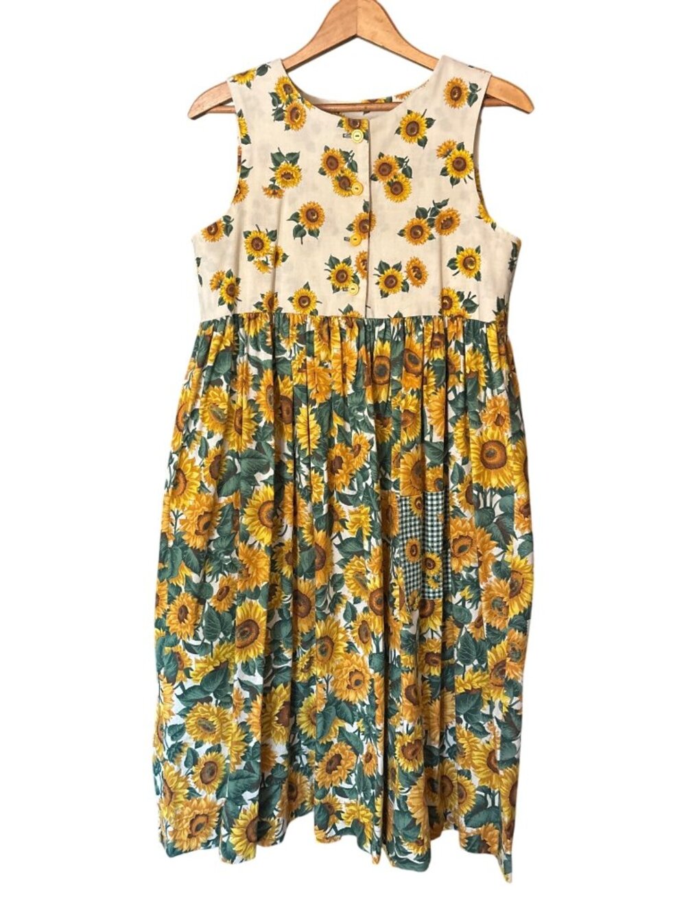 Homemade Vintage Dress Girl’s Green Yellow Sunflowers Cotton Sundress M/L Pocket